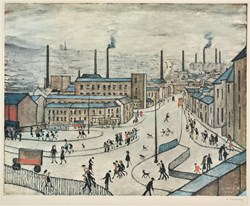 Huddersfield, 1973 by L.S. Lowry - Offset lithograph printed in colours on wove paper sized 23x19 inches. Available from Whitewall Galleries